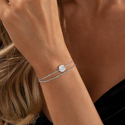 MONOZO Gold Initial Bracelets for Women Girls Jewelry Gifts Trendy - Dainty 18K Gold Plated Disc Monogram Letter A-Z Initial Bracelets for Women Girls Teens Personalized Letter Bracelet Birthday Gifts - color: Silver, style: K