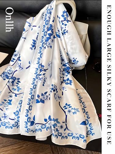 Large Shawl Scarf For Women Lightweight Wraps Silky Headscarf Long Sunscreen Scarfs - color: T8 Blue Plants / 70"x 35"