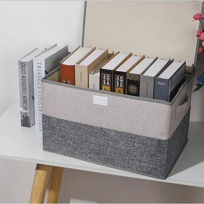 27 L Cotton Linen Foldable Storage Box with Lid - 15.75"x10.63"x9.84"- Durable Collapsible Organizer for Bedroom, Living Room, Kids' Room, 3-Pack Grey