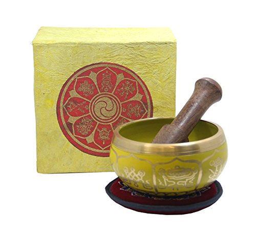 Tibetan 8 Lucky Symbols Yoga Meditation Singing Bowl/Mallet/Cushion/Box Set (Yellow)