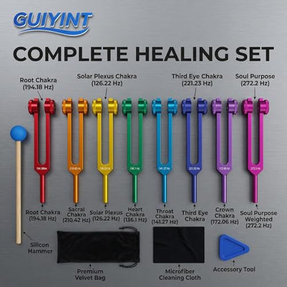 Chakra Tuning Forks Set for Healing – 8-Piece Weighted Solfeggio Tuning Forks – Professional Sound Therapy Kit for Reiki, Meditation, Yoga & Energy Balancing