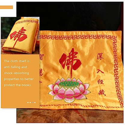 HOMSFOU Brocade Embroidery Buddhist Scripture Packing Cloth Lotus Cover Satin Double Layer Book Protector for Home Office Restaurant Use