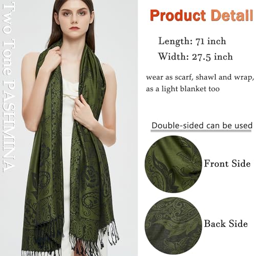 Pashmina Shawl Wrap with Ethnic Paisley Two Tone Jacquard Scarf for Women - color: Paisley-green