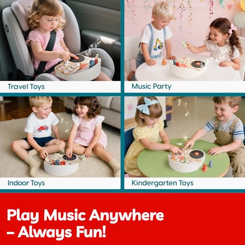 TOP BRIGHT DJ Music Busy Board - Wooden Toddler Toys for Boys and Girls，Montessori Sensory Toy with 14 Activities with Sound Blocks, Portable Travel Toy for 18M+