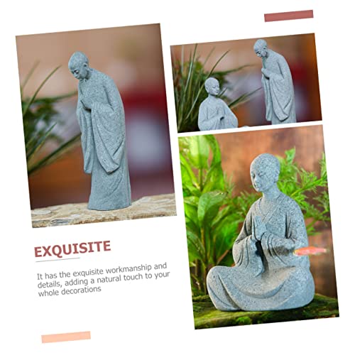 GALPADA 2pcs Stone Monk Statue Zen Garden Figurines for Indoor and Outdoor Decor Stone Material Charming Monk Sculptures for Home and Aquarium Decoration