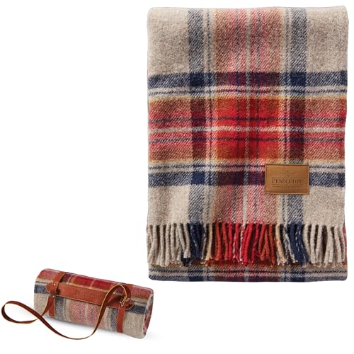 Pendleton Motor Robe Wool, Camping Blanket with Leather Carrier, Western Plaid for Outdoor Adventures and Cozy Home Comfort - Vintage Dress Stewart - color: Vintage Dress Stewart, size: 52" x 66"