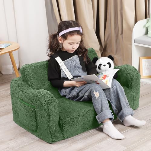 MOMCAYWEX Kids Sofa, 2-in-1 Flip-Out Foam Couch, Soft Play Lounge Chair for Toddlers and Children, Extra Wide, Green - color: Green, size: Large