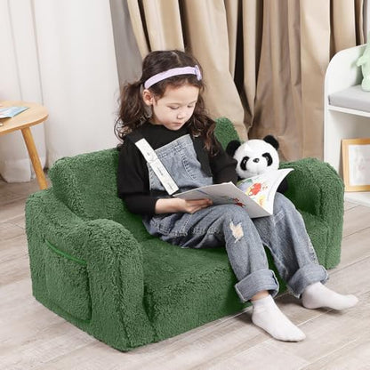 MOMCAYWEX Kids Sofa, 2-in-1 Flip-Out Foam Couch, Soft Play Lounge Chair for Toddlers and Children, Extra Wide, Green - color: Green, size: Large