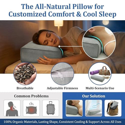 Buckwheat Pillow & Cervical Pillows for Sleeping (21x8x3inch) 100% Organic Coarse Cloth Package w Organic Buckwheat Hulls, Natural Cooling Technology and Relieve Cervical Pain. (C-Gray) - color: C-gray