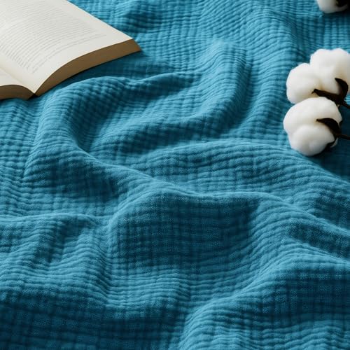 Bedsure 100% Cotton Muslin Blanket Queen Size for Bed - 4-Layer Breathable and Lightweight Thin Soft Summer Gauze Muslin Blankets for Adults, Teal, 90x90 Inches - color: 01 - Teal, size: Queen (90" X 90")