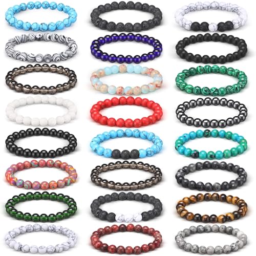 24 Pcs Gemstones Beaded Bracelets Bulk for Women Men 8mm Stretch Round Semi Precious Stone Bracelets Set - color: Classic
