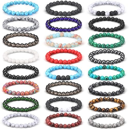 24 Pcs Gemstones Beaded Bracelets Bulk for Women Men 8mm Stretch Round Semi Precious Stone Bracelets Set - color: Classic