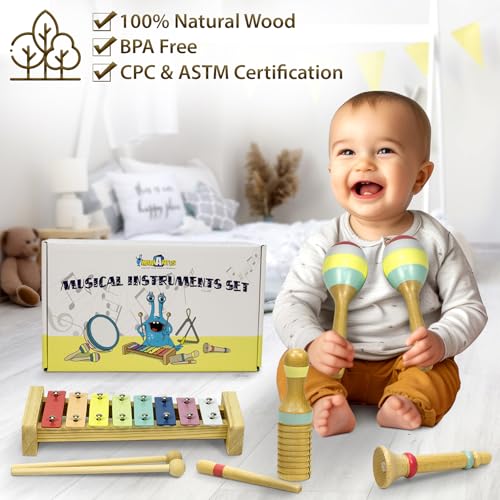 Musical Instruments Set - Montessori Wooden Toys for Toddlers 1-3 | Modern Boho Baby Xylophone with Songbook | Neutral Colors Percussion Instruments | Kids Preschool Educational - style: Xylophone