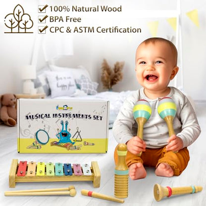 Musical Instruments Set - Montessori Wooden Toys for Toddlers 1-3 | Modern Boho Baby Xylophone with Songbook | Neutral Colors Percussion Instruments | Kids Preschool Educational - style: Xylophone