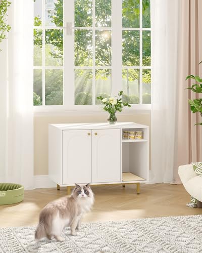 Hzuaneri Cat Litter Box Enclosure,Hidden Litter Box Furniture with Storage, Large Wooden Cabinet with Sisal Mat, Modern Cat Washroom for Living Room, Bedroom, Entryway, White and Gold 01503GCLB - color: White and Gold