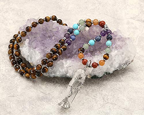 Jovivi Natural 7 Chakras Healing Crystals Necklace Wire Wrapped Clear Quartz Stone Pendant Healing Pointed Reiki Energy Balancing - color: Tiger Eye