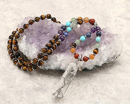Jovivi Natural 7 Chakras Healing Crystals Necklace Wire Wrapped Clear Quartz Stone Pendant Healing Pointed Reiki Energy Balancing - color: Tiger Eye