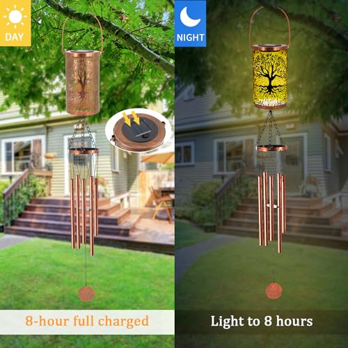 36" Solar Wind Chimes Hanging Lights Outdoor Detachable Led Lantern Metal Wind Chimes for Outside Unique Tree Life Garden Hanging Solar Decorative as Gift for Mom Women Grandma (Bronze) - size: 36‘’-Tree