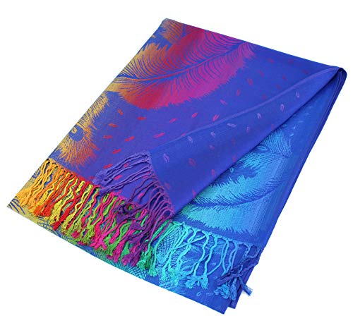PASKMLNA Double Side Multi Colors Silky Tropical Colorful Exotic Pashmina Wrap Shawl Scarf Rave - color: 050-royal Blue Multi Feathers