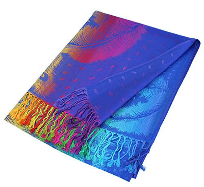 PASKMLNA Double Side Multi Colors Silky Tropical Colorful Exotic Pashmina Wrap Shawl Scarf Rave - color: 050-royal Blue Multi Feathers