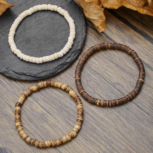 Puka Shell Bracelet for Men Wooden Bracelets Turquoise Stack Beaded Minimalist Trendy Jewelry for Friend Gift - style: 3pcs-Brown