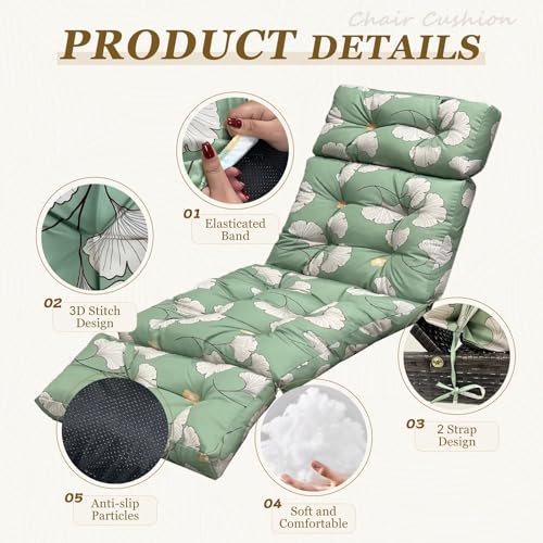 Outdoor Chaise Lounge Chair Cushion 75.1 x 23.6 x 4.7in, Waterproof Replacement Cotton Patio Thickened Pool Lounge Chair Cushion with Ties for Patio Outdoor Furniture,Ginkgo Breeze - color: Ginkgo Breeze