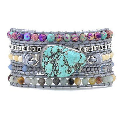 Boho Wrap Bracelet for Women, Handmade Natural Imperial Jasper Multi-Layer Stone Beaded Bracelet, Bohemian Healing Crystal Stone Jewelry Gifts - color: Turquoises