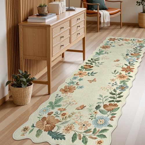 Lahome Floral Washable Runner Rug, 2'6''x8' Soft Hallway Rug Non Slip, Boho Ultra-Thin Kitchen Runners for Hallways with Rubber Backing Carpet for Laundry Bedroom Bathroom Flore (Beige) - color: Beige, size: 2.6' x 8'（Runner）