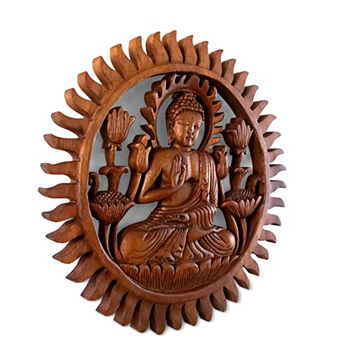 G6 Collection 12" Wooden Hand Carved Wall Hanging Serene Buddha Meditation Sculpture Statue Handmade Figurine Relief Gift Home Decor Handcrafted Decoration Round Buddha Plaque
