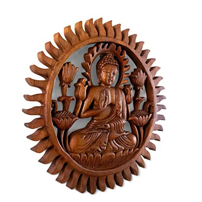 G6 Collection 12" Wooden Hand Carved Wall Hanging Serene Buddha Meditation Sculpture Statue Handmade Figurine Relief Gift Home Decor Handcrafted Decoration Round Buddha Plaque
