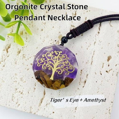 EDEN'S CALL Orgone Necklace, Tree of Life Orgonite Healing Crystal Stone Pendant Necklace for Spiritual Healing and Meditation Energy Talisman Sacred Geometry Tiger's Eye Necklaces - color: Purple/Amethyst + Tiger's Eye