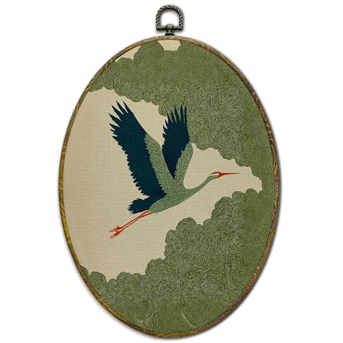 XFCICRLJ Vintage Japanese Crane Wall Art Decor, Japandi Bird Oval Canvas Prints Framed, Neutral Green Japanese Crane Cloud Wall Art Decorations for Home Bedroom Living Room Decor, 11x8.5 Inch - color: Swan