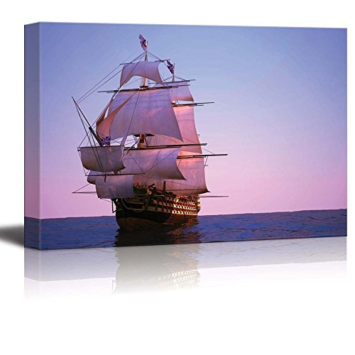 Canvas Prints Wall Art - The Ancient Ship/Tall Ship Sailing in The Sea at Sunset | Modern Wall Decor/Home Decoration Stretched Gallery Canvas Wrap Giclee Print & Ready to Hang - 12" x 18" - color: Artwork - 1, size: 18"L x 12"W