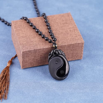 Black Obsidian Necklace Protection Pendant with Extended Bead Chain Healing Crystal Stone Amulet Necklace for Men Women - color: Tai Chi Yin Yang