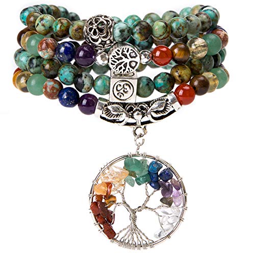 Bivei 108 Mala Beads Bracelet - 7 Chakra Tree of Life Real Healing Gemstone Yoga Meditation Mala Prayer Bead Necklace