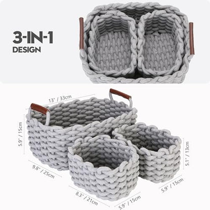Sea Team 3-Pack Rectangle Woven Cotton Rope Storage Baskets with Handles, Shelf Basket, Closet Organizers, 3-in-1, Gray