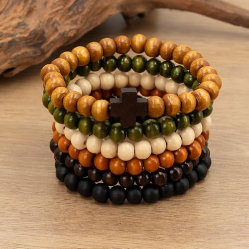 6-Piece Stack, Cross Bangle Wooden Bead Bracelet Set - Beaded Bracelets for Women Men 8mm Round Beaded Stretch Bracelets Unisex Yoga Bracelet