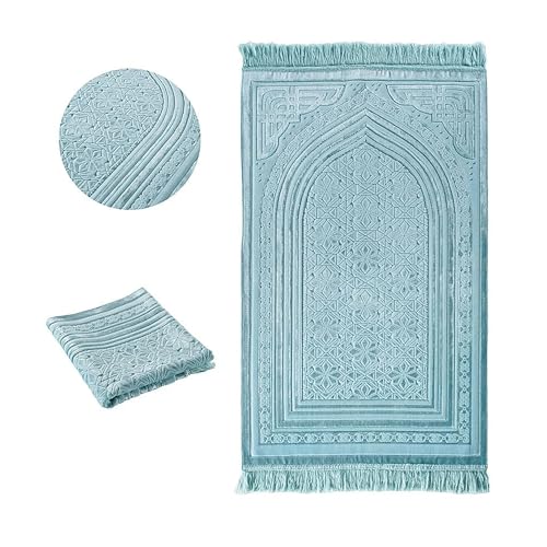 Modefa Luxury Velvet Prayer Rug with Prayer Beads | Soft Elegant Muslim Turkish Janamaz Sajada Carpet for Men and Women | Plain Solid Prayer Mat Ramadan Eid Gift - Najma (Blue) - color: Najma Turquoise Blue