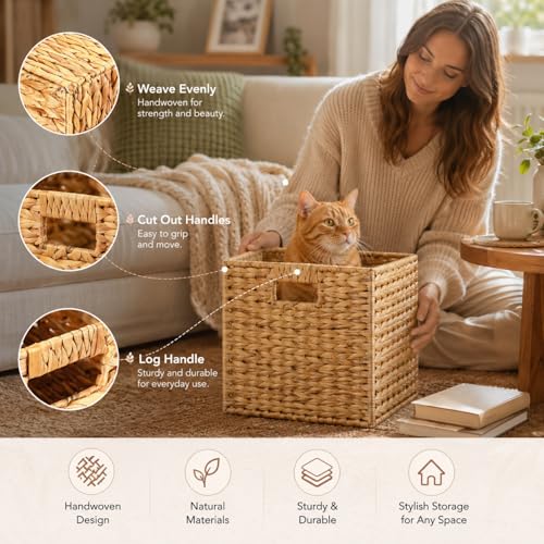 Layhit 4 Pcs Wicker Storage Basket Water Hyacinth Handwoven Baskets with Handles Foldable Woven Organizer Multipurpose Wicker Storage Bins for Bedroom Living Room(12 x 12 x 12'',Natural)