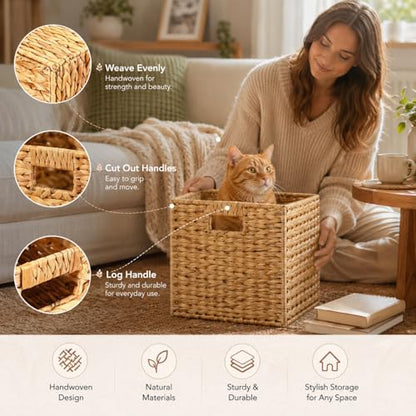 Layhit 4 Pcs Wicker Storage Basket Water Hyacinth Handwoven Baskets with Handles Foldable Woven Organizer Multipurpose Wicker Storage Bins for Bedroom Living Room(12 x 12 x 12'',Natural)