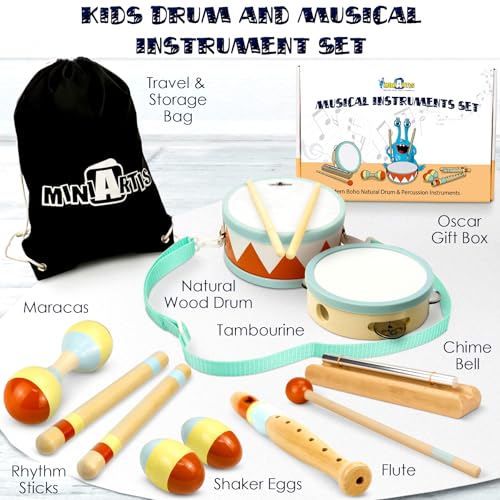 Toddler Musical Instruments - Montessori Wooden Musical Toys for Toddlers 1-3 | Modern Boho Baby Drum Set with Neutral Colors Percussion Instruments | Kids Preschool Educational - style: Drum
