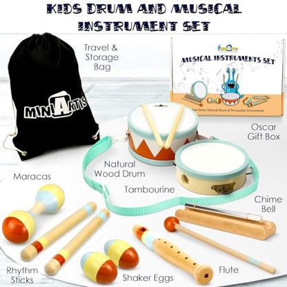 Toddler Musical Instruments - Montessori Wooden Musical Toys for Toddlers 1-3 | Modern Boho Baby Drum Set with Neutral Colors Percussion Instruments | Kids Preschool Educational - style: Drum