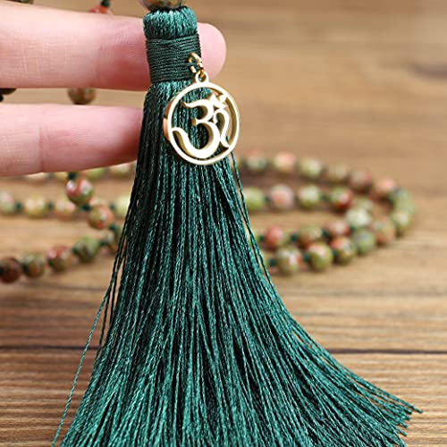 COAI OM Charm Hand Knotted Tassel 108 Mala Beads Necklace - color: Faceted Unakite, size: 8mm