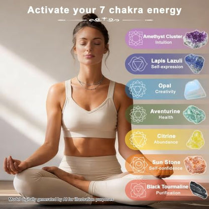 MYDAYS&DESIGN 7 Chakra Healing Crystals Set for Meditation Yoga Reiki, Amethyst Cluster, Lapis Lazuli, Opal, Green Aventurine, Citrine, Sunstone, Black Tourmaline with Wooden Gift Box and Guidebook