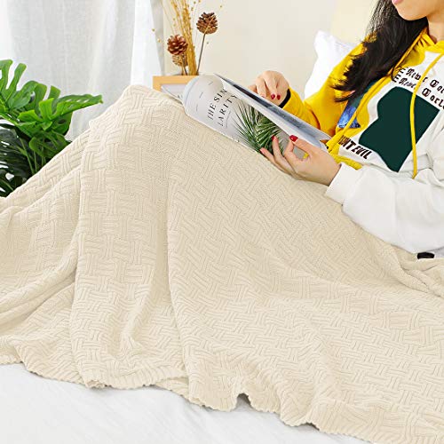 uxcell 100% Cotton Cable Knit Throw Blanket,Soft Lightweight Lap Blanket,Textured Solid Sofa Throw Couch Cover Decors Knitted Blankets, Beige 50"x 60" - color: Beige