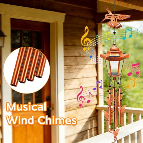 Hummingbird Solar Wind Chimes for Outside, Birthday Gifts for Mom Women Grandma Mother's Day Memorial, 34-Inch Windchimes with Wind Spinner, Outdoor Hanging Solar Lights Waterproof Yard Garden Decor