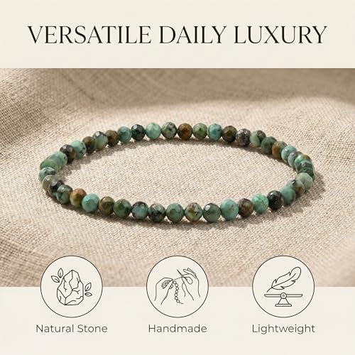 Angelstones Natural Gemstone Small Beaded Stretch Bracelet, 4mm Faceted Round Beads, Crystal Healing Bracelet for Women - color: African Turquoise