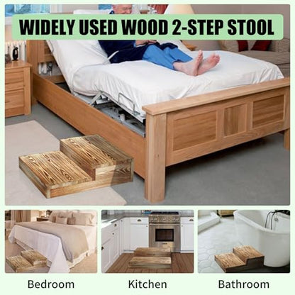 Wooden 2 Step Stool for High Beds, Moderate & Applicable 2-Step Stools for Seniors, Solid Wood steppingStool, Built-in Handle for Easy Carrying, 20.0" W - size: 20.0" W