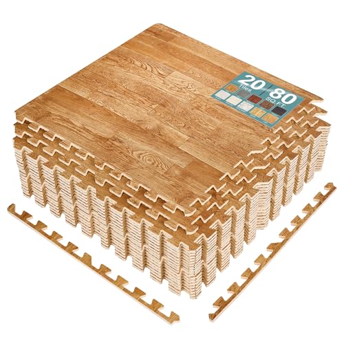 Sorbus 80 Sq. Ft. Wood Grain Floor Tiles Foam Mat EVA Interlocking Mats Tile 3/8-Inch Thick Flooring Wood Puzzle Exercise Mats w/Borders - Home Playroom Basement, Apartment, Trade Show, Baby, Dance - color: Wood Grain - Pine, size: 20 Pack