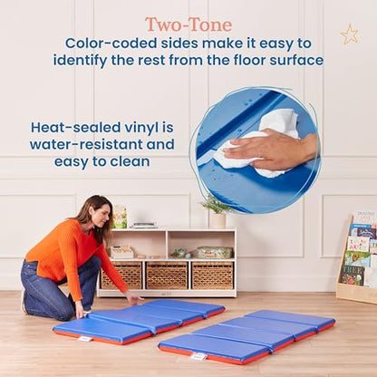 ECR4Kids Premium Folding Rest Mat, 4-Section, 2in, Sleeping Pad, Blue/Red